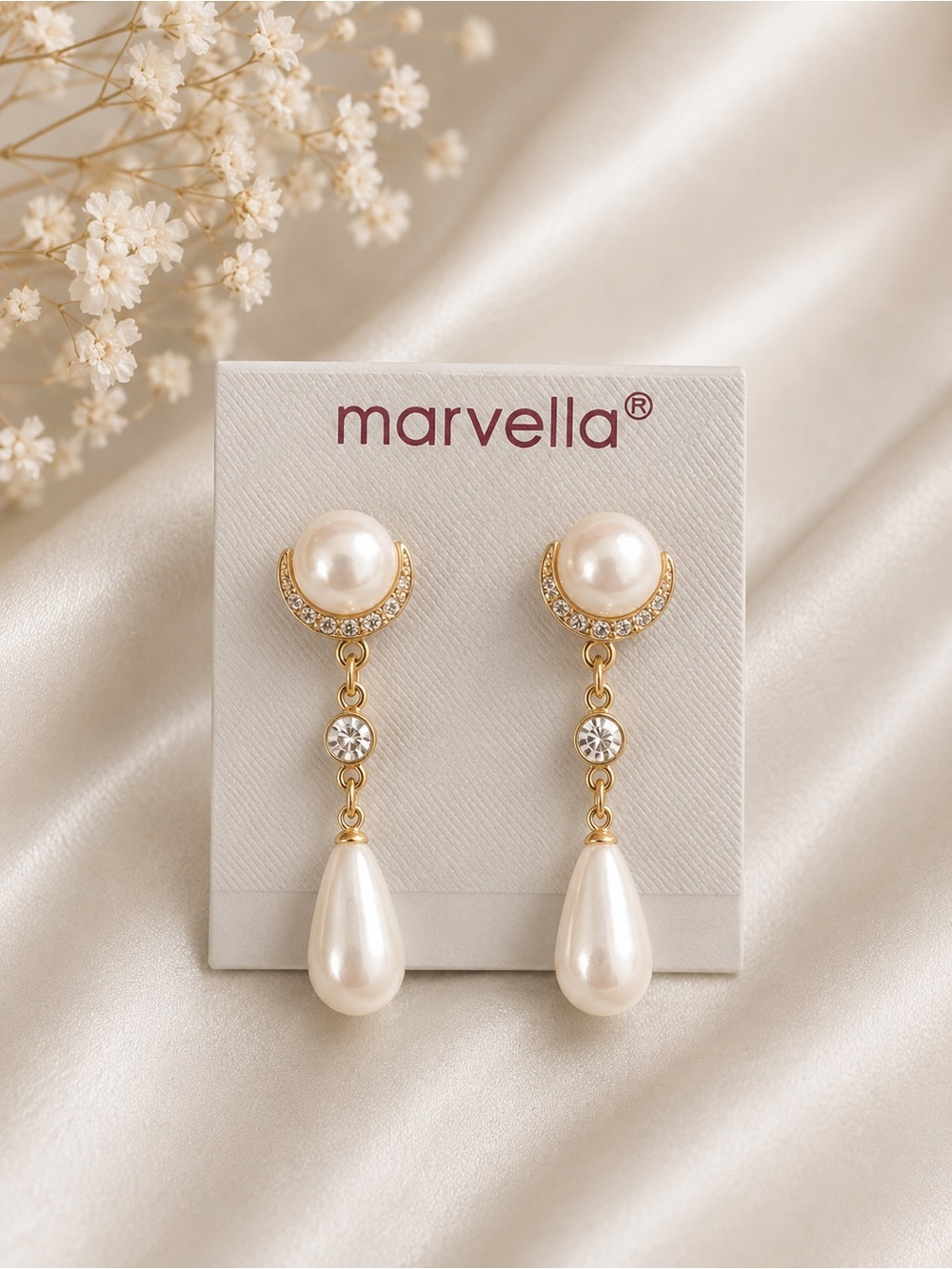 Vintage Marvella Faux Pearl Drop Earrings Gold Tone Rhinestone Accents